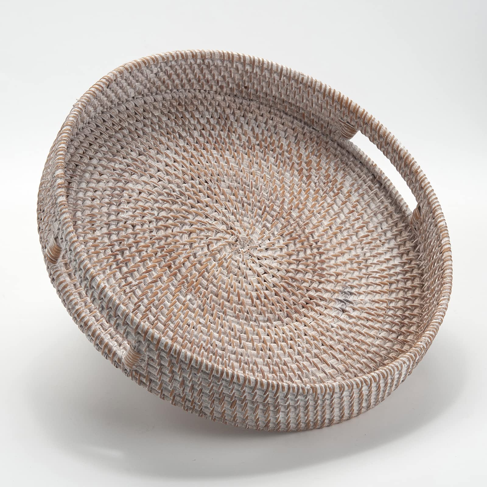 DECRAFTS round white rattan tray with handles for easy serving and stylish decor.