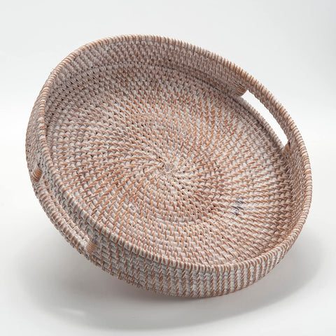 DECRAFTS round white rattan tray with handles for easy serving and stylish decor.