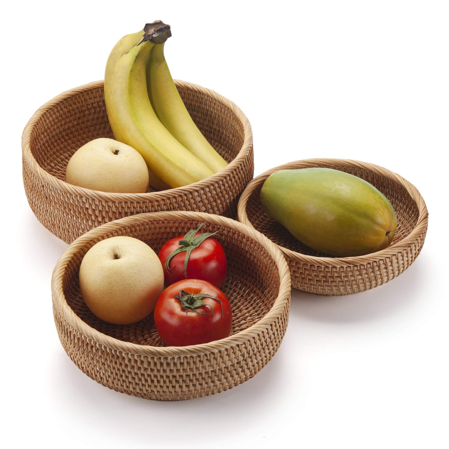 DECRAFTS round rattan basket entryway organizer for mail and remotes.