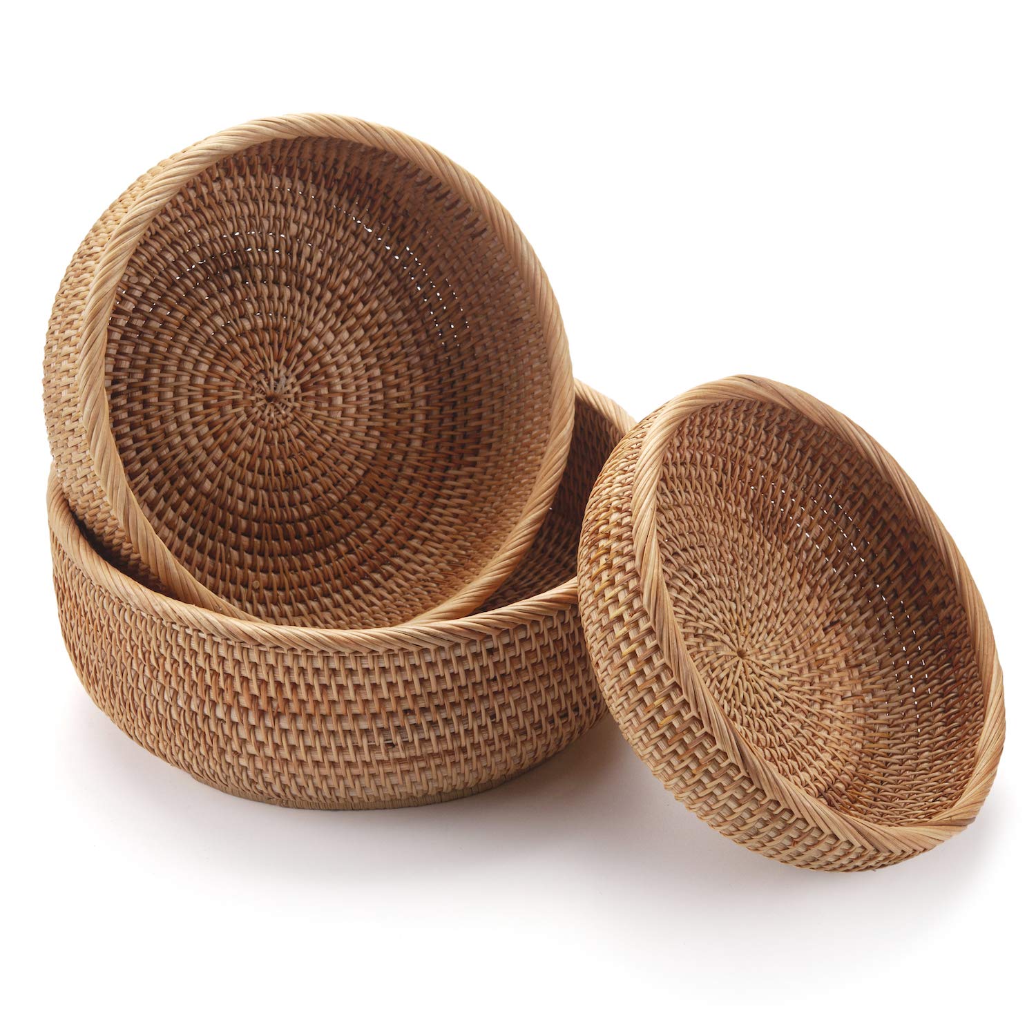 DECRAFTS round rattan basket fruit and snack display on counter.
