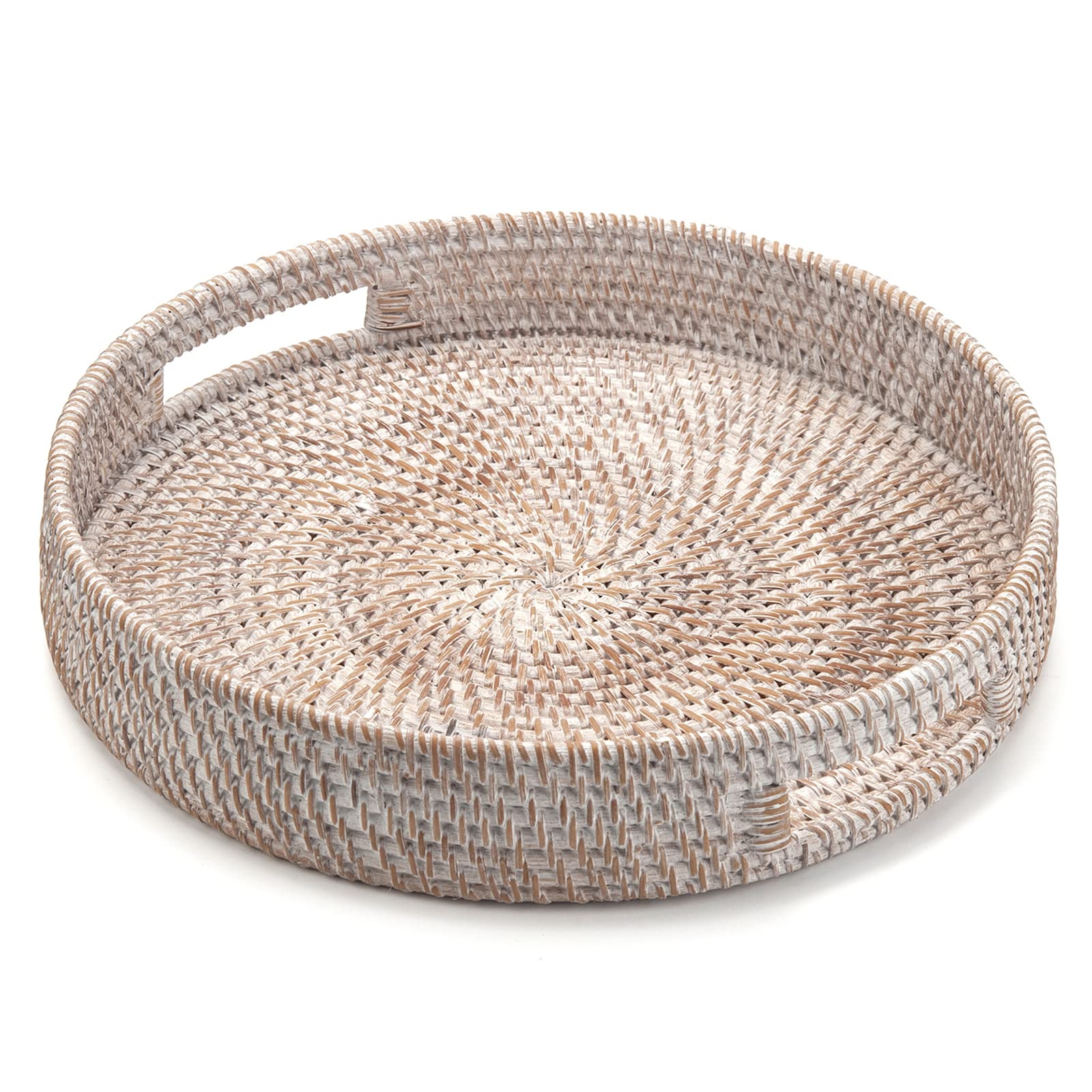 DECRAFTS round rattan ottoman tray with handles, perfect for serving drinks.