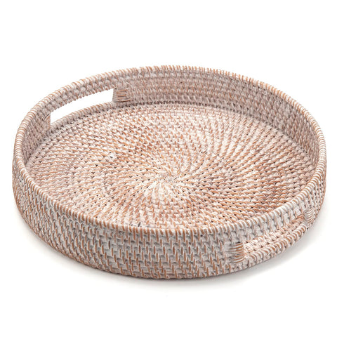 DECRAFTS round rattan ottoman tray with handles, perfect for serving drinks.