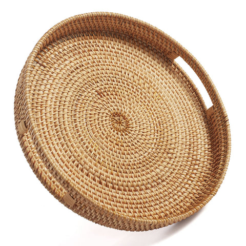 DECRAFTS round rattan serving tray with handles for easy entertaining on coffee tables