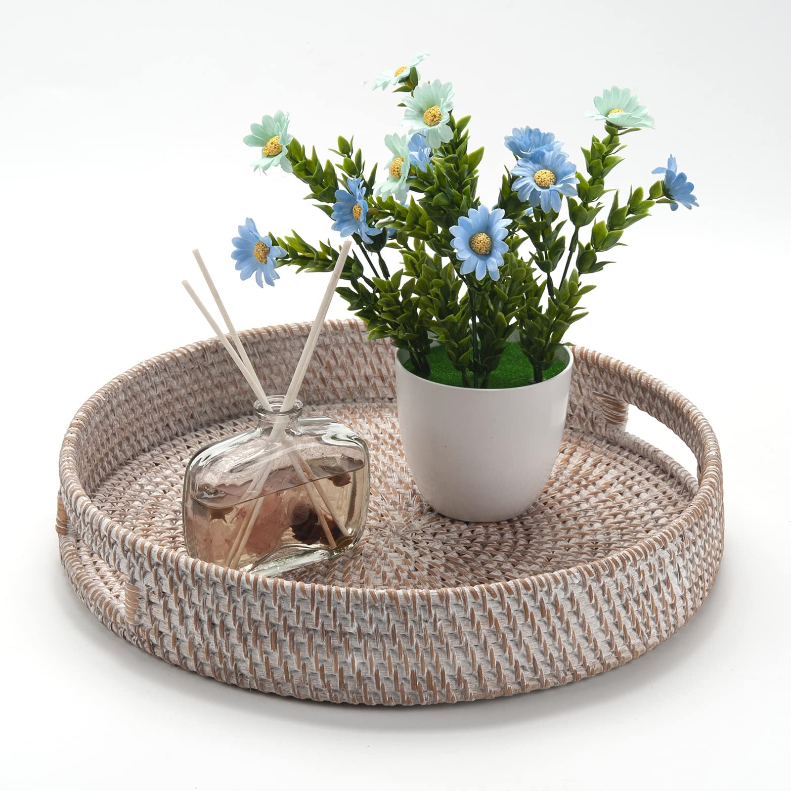 DECRAFTS round rattan tray supports tea service and decor.