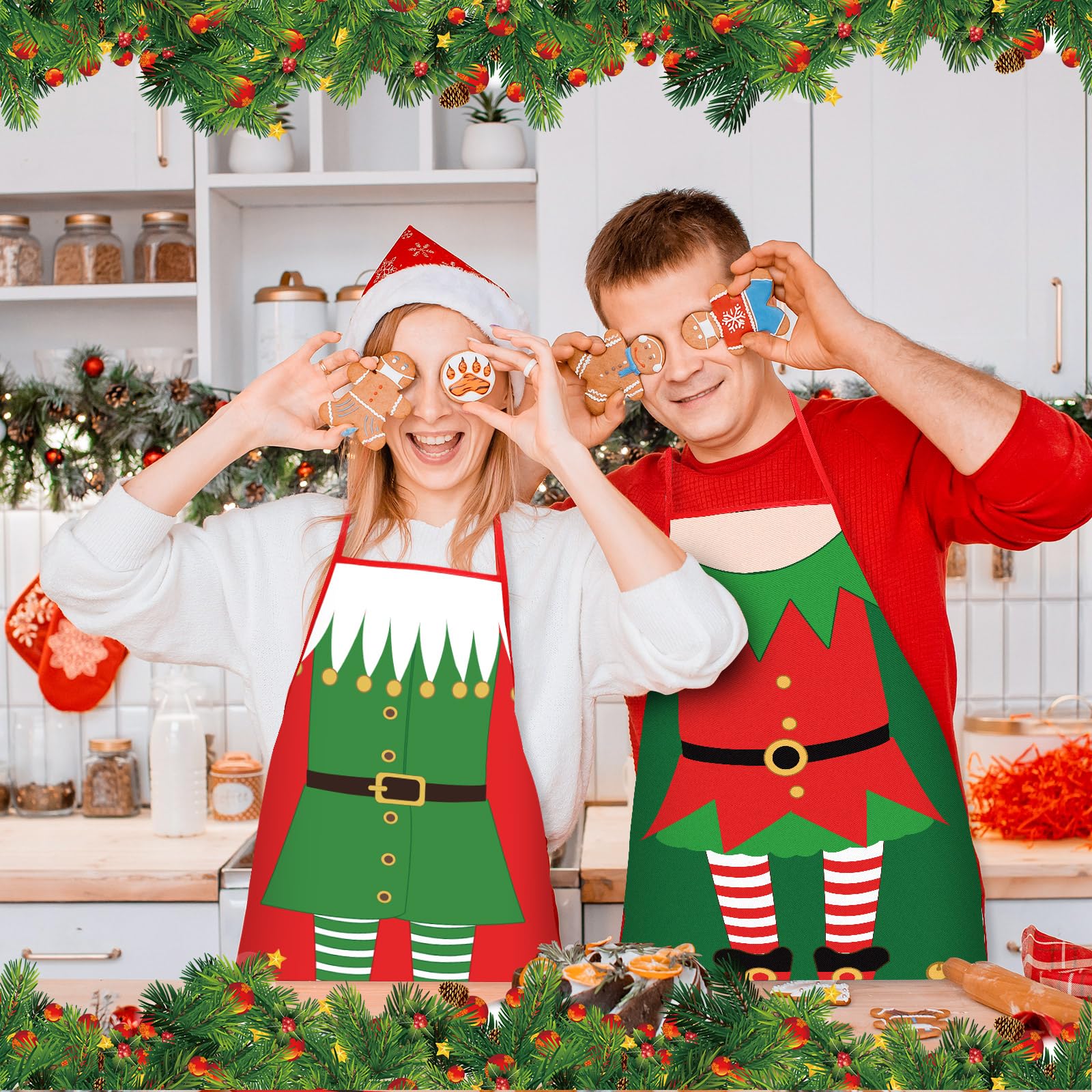 DECYOOL bright red and green kitchen decor apron enhances holiday cheer