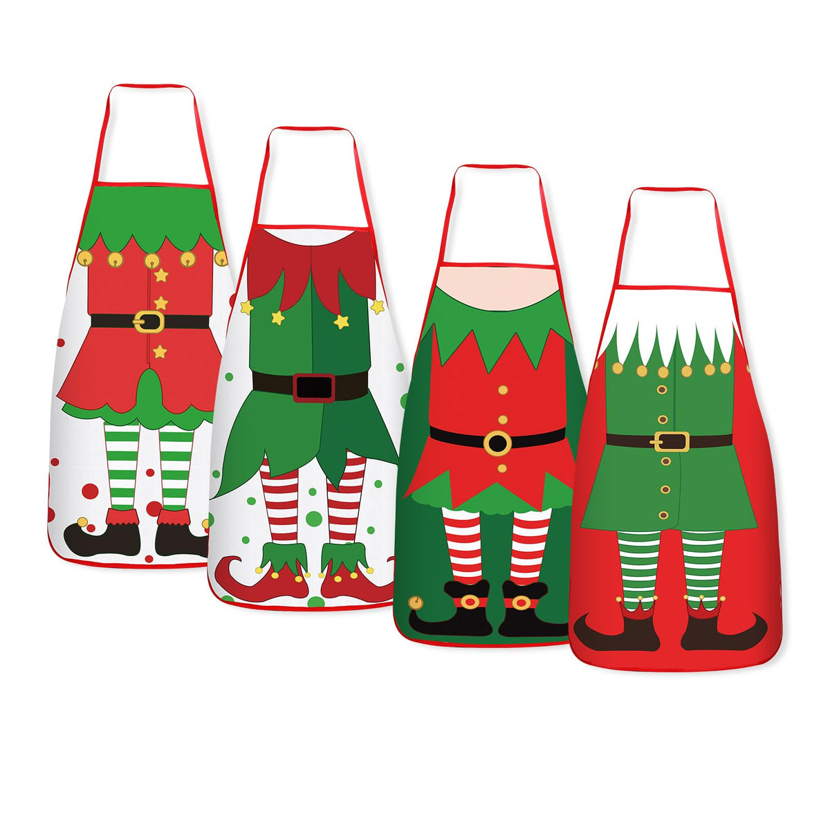 DECYOOL Christmas elf apron set with four designs for festive cooking and gifting
