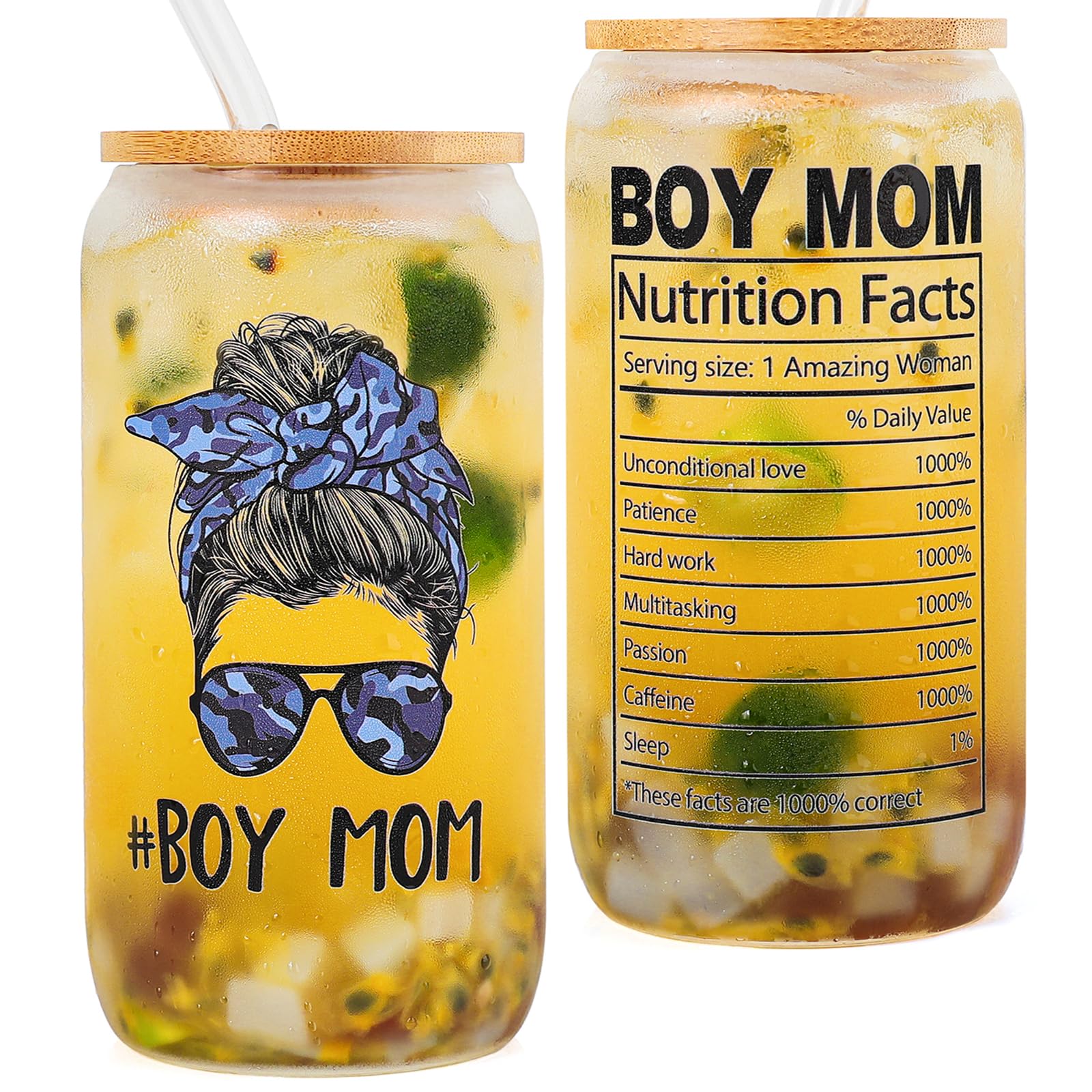 DECZHIYU Boy Mom 16oz glass cup front view for stylish daily hydration
