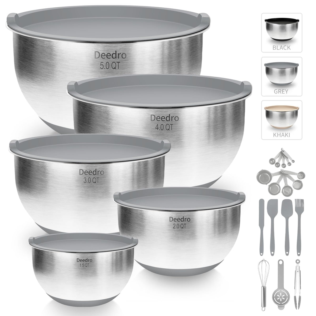 Deedro premium mixing bowls with lids, 5qt, airtight seal for prep and storage