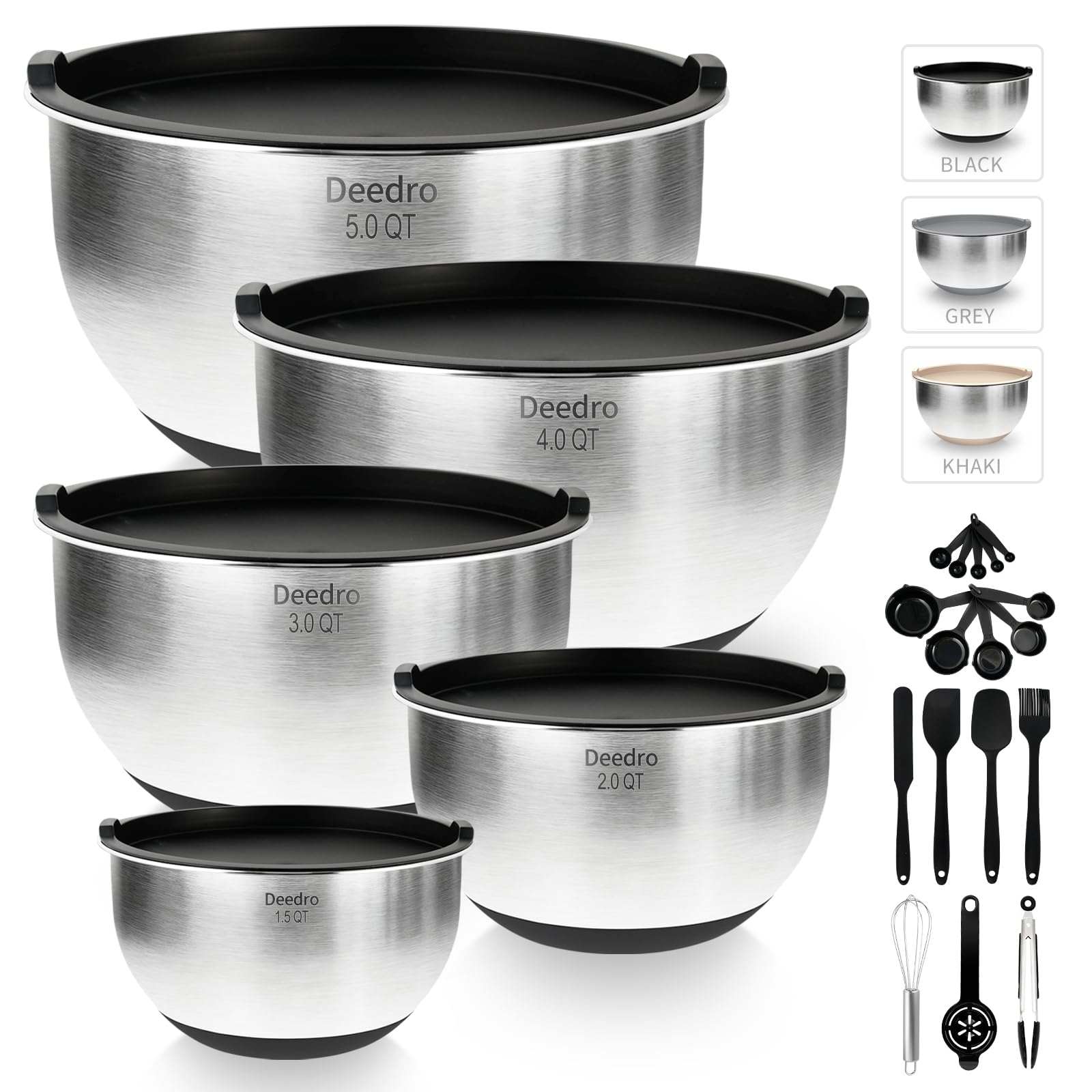 Deedro premium mixing bowls with lids, five bowls ideal for precise prep and containment.