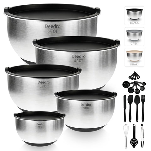Deedro premium mixing bowls with lids, five bowls ideal for precise prep and containment.
