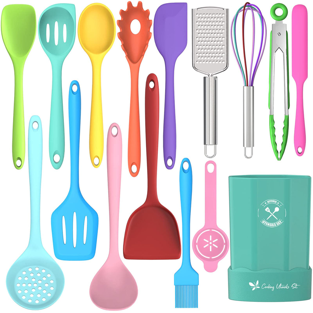Deedro silicone utensils set holder keeps tools organized and within easy reach.