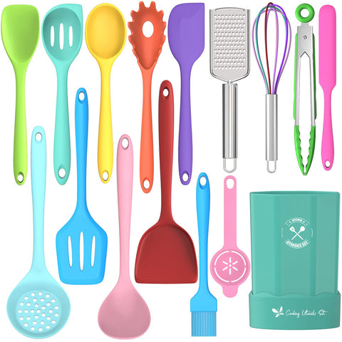 Deedro silicone utensils set holder keeps tools organized and within easy reach.