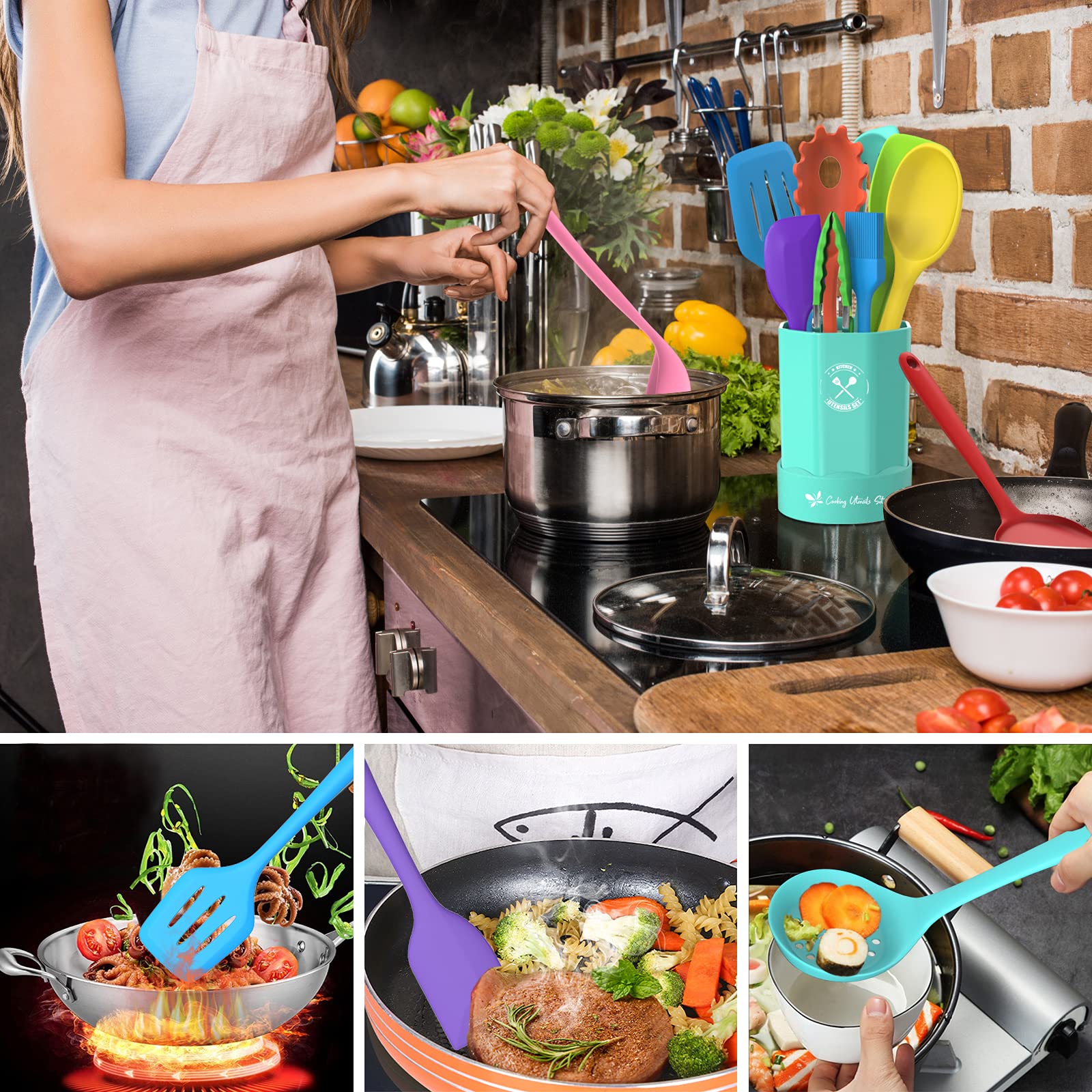 Deedro slotted spoon drains liquids without scratching nonstick cookware.