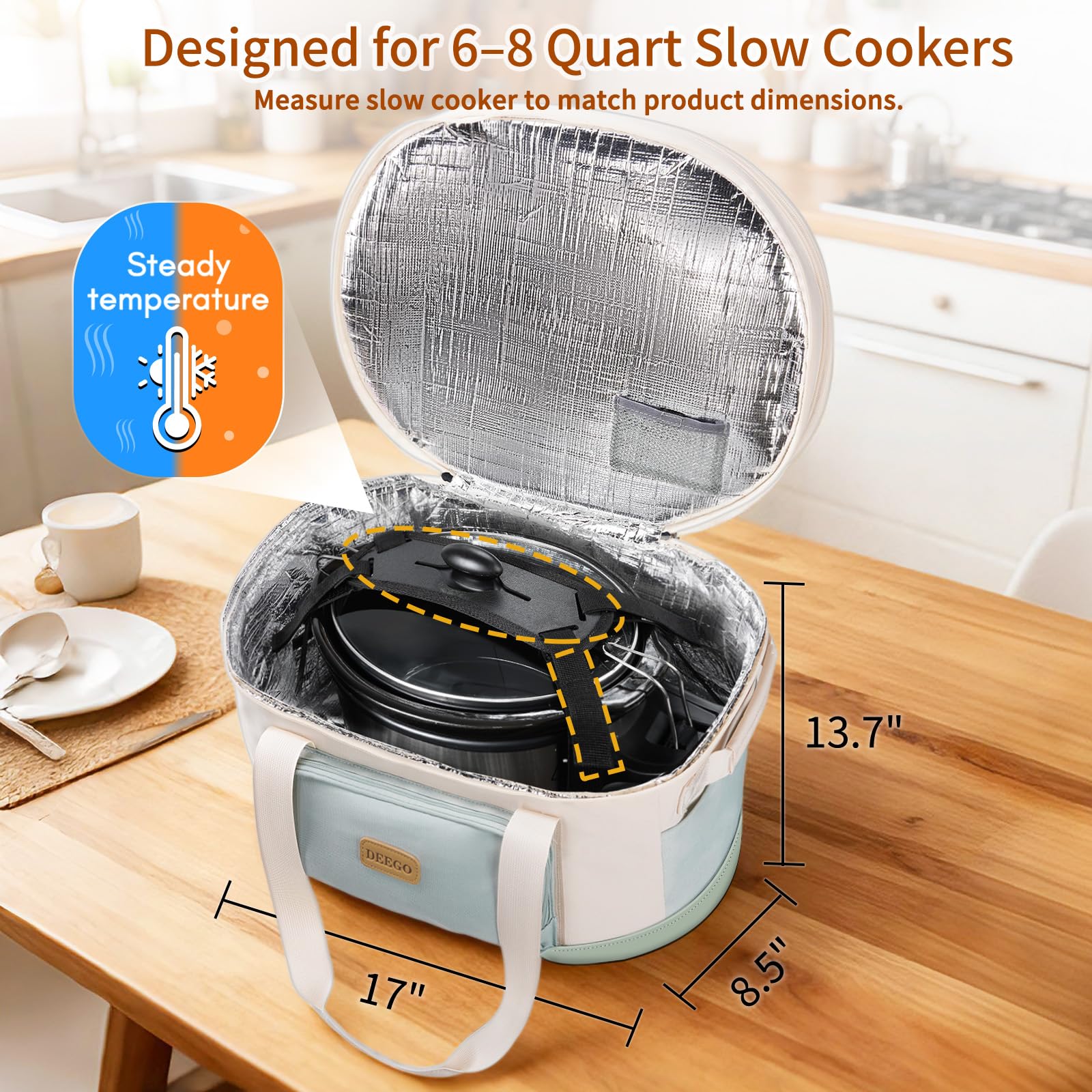 Adjustable lid fasten straps on the DEEGO bag fit various slow cookers.
