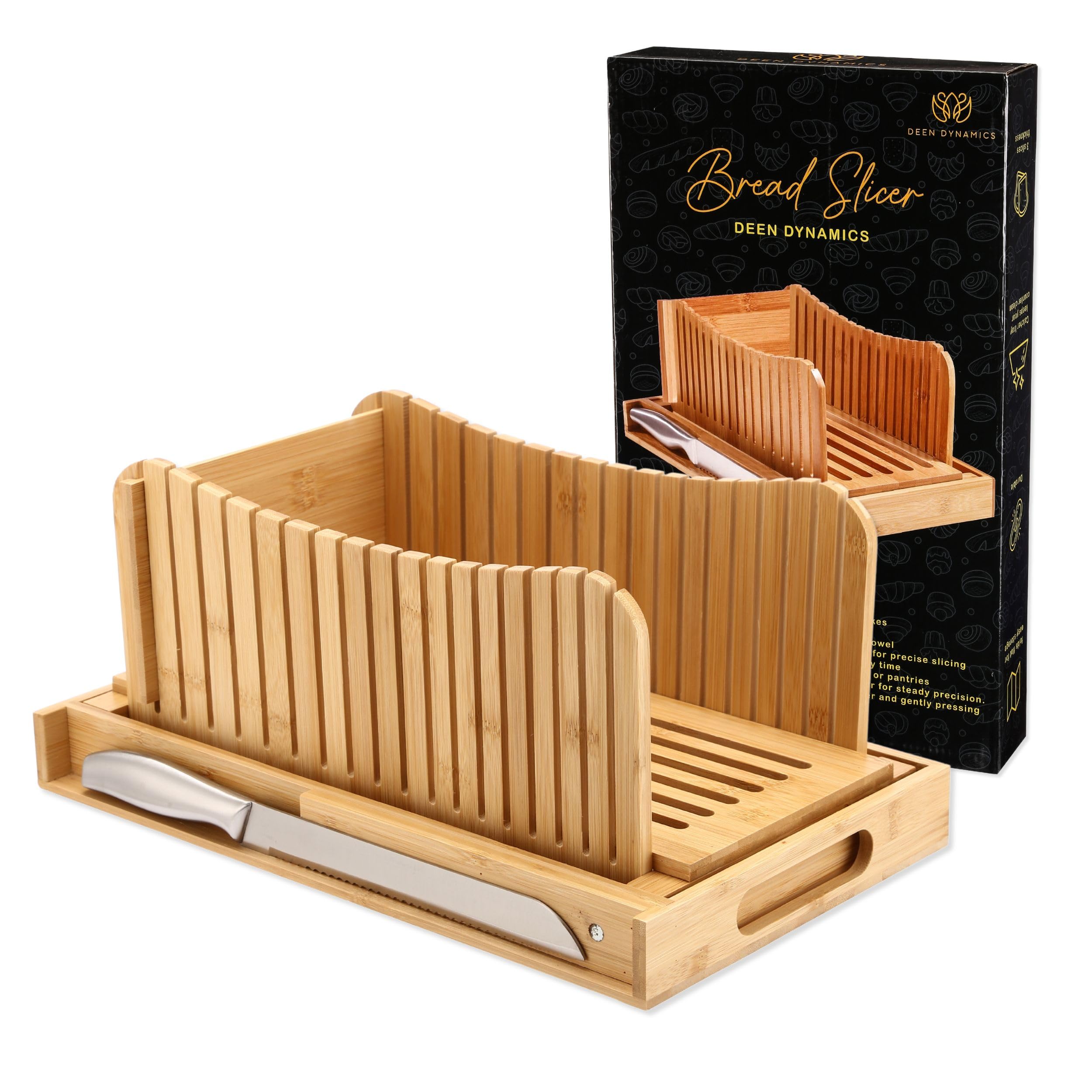 Deen Dynamics premium bamboo bread slicer front view for precise slicing