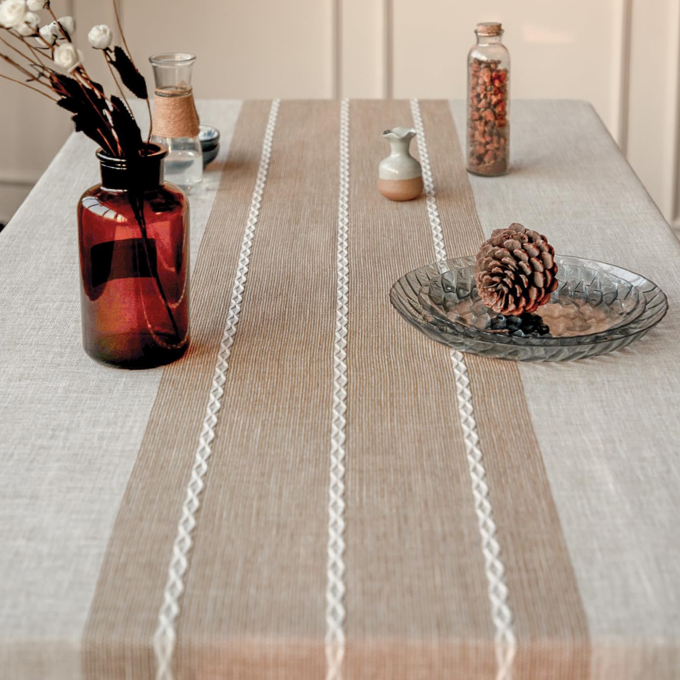 Deep Dream rectangle tablecloth shows drop length options for versatile styling.