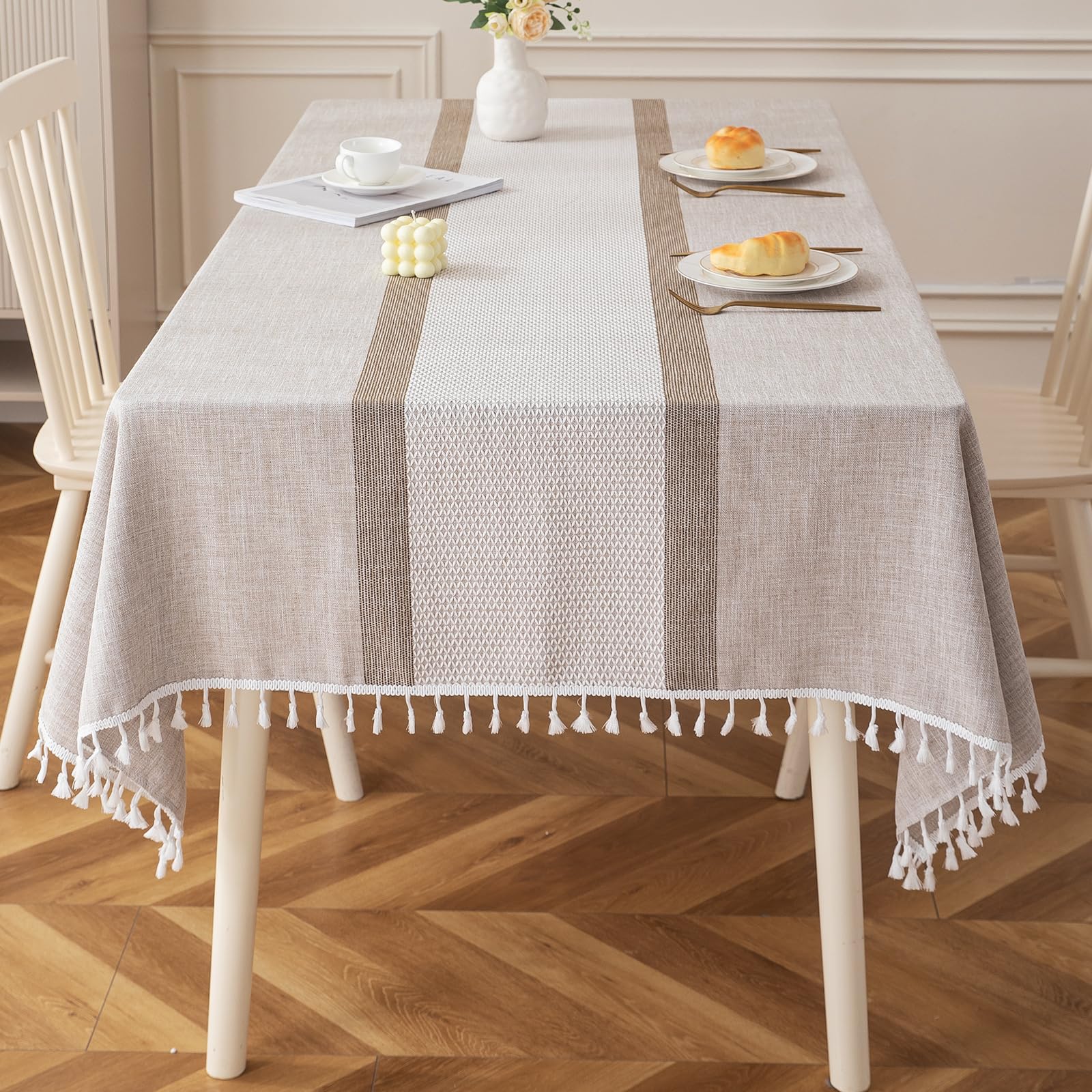 Deep Dream tablecloth with embroidery tassels enhances rustic table settings.