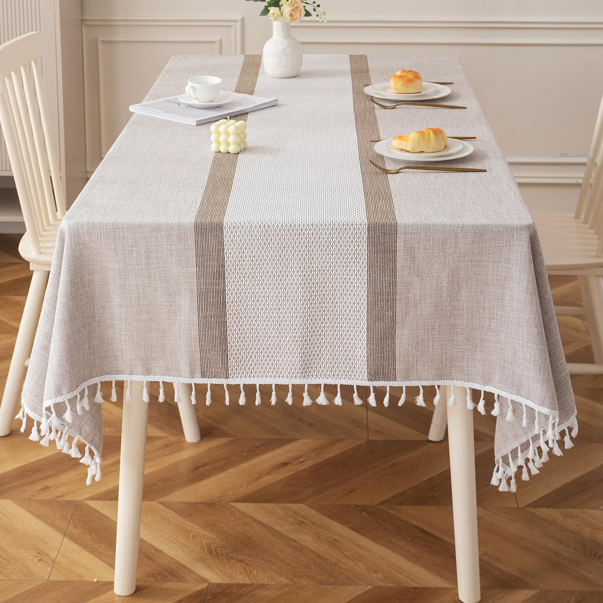 Deep Dream tablecloth with embroidery tassels enhances rustic table settings.