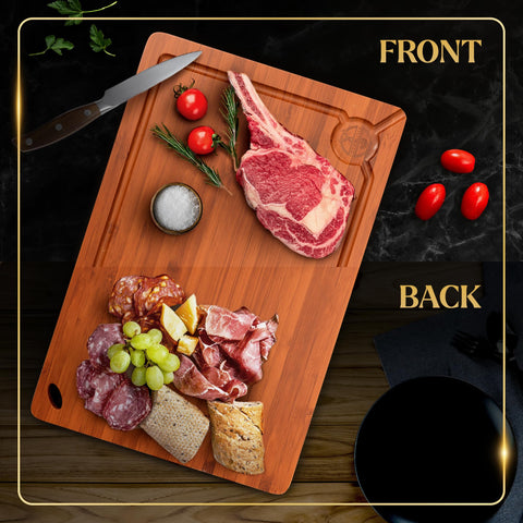 Deer and Oak bamboo serving board used for rustic cheese and charcuterie.