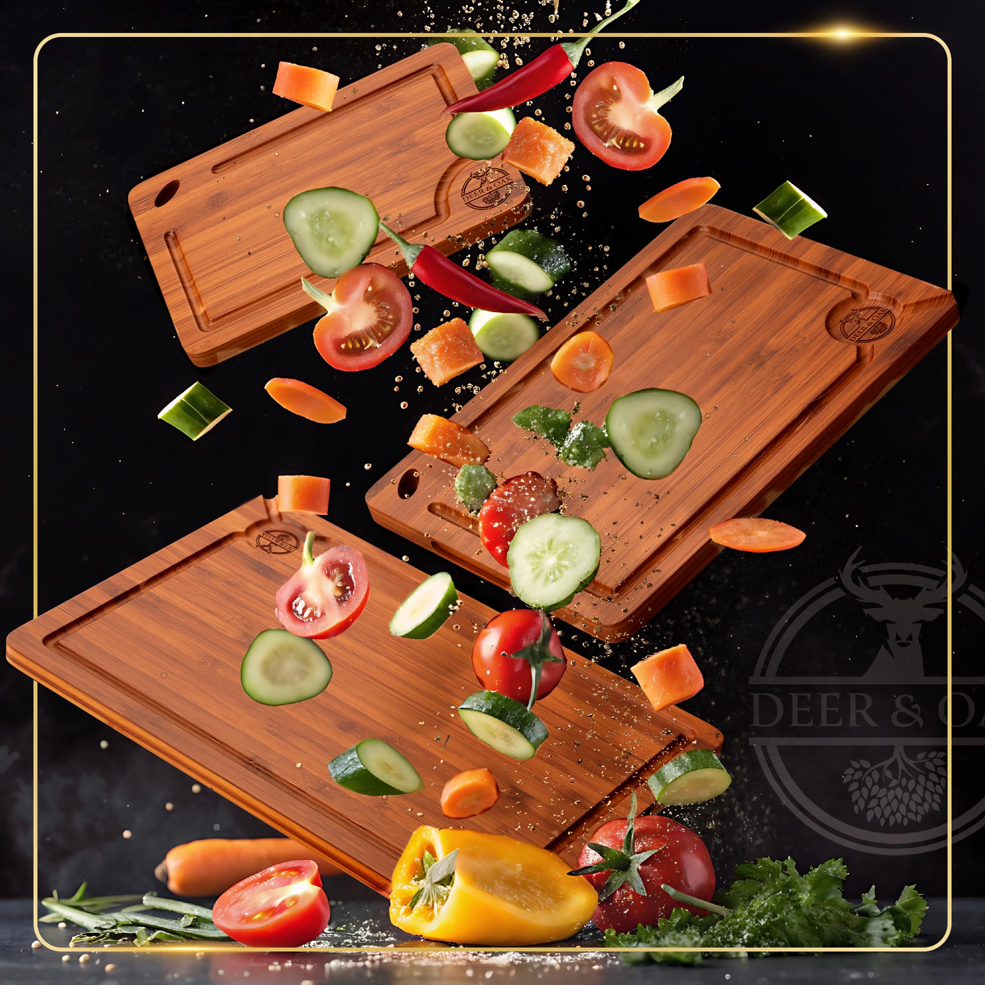 Deer and Oak bamboo board with juice groove close-up showing liquid containment.