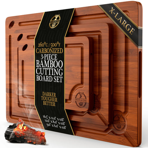 Deer and Oak pre-oiled carbonized bamboo cutting board set, large size for versatile prep.