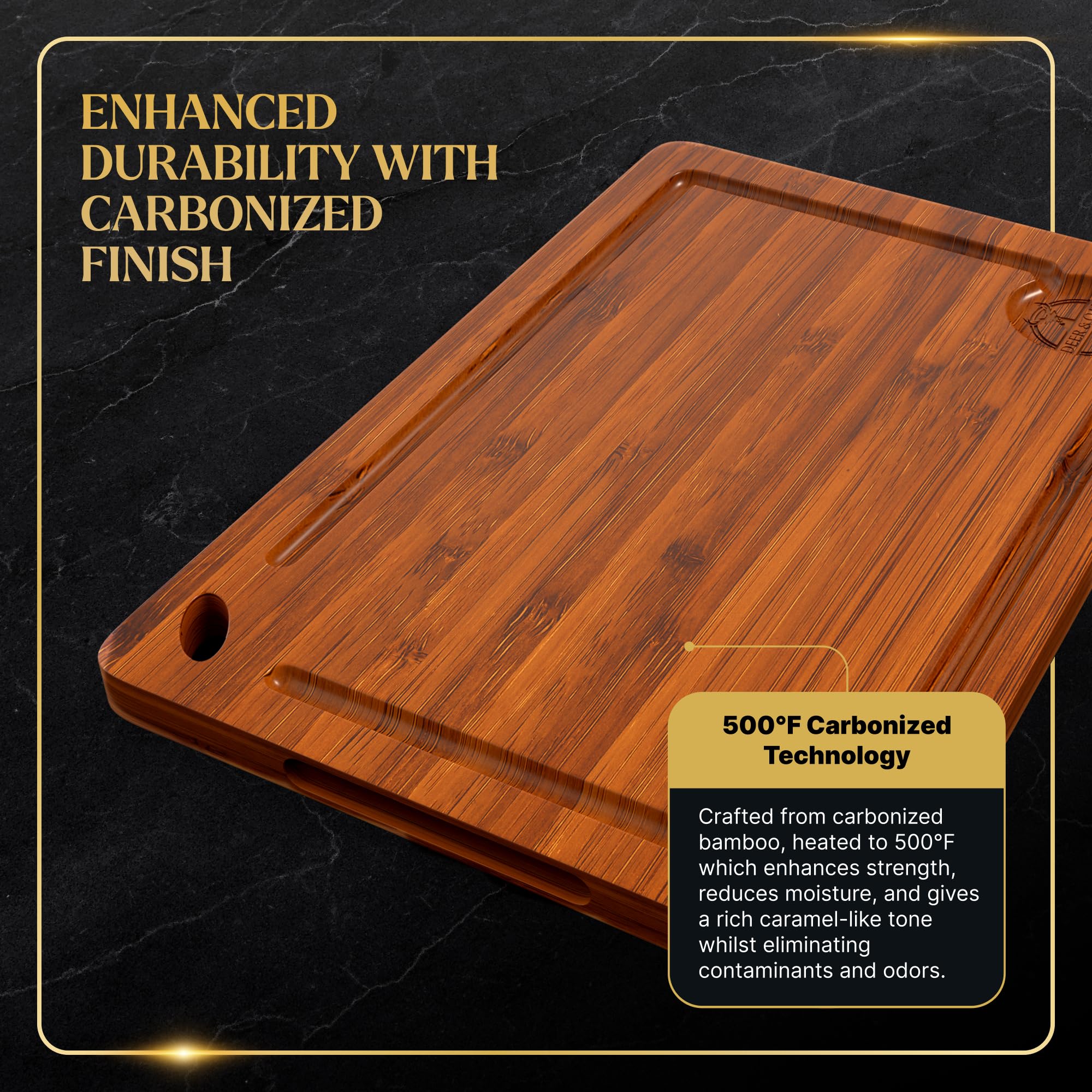 Deer and Oak pre-oiled bamboo cutting board set, medium size ideal for mid-size prep tasks.