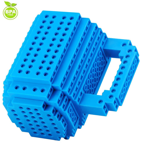 DEEXITO Build-On Brick Mug blue block pack, perfect for kids' creativity during snack time