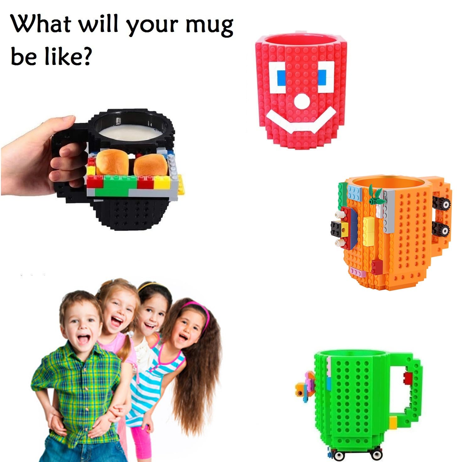 DEEXITO Build-On Brick Mug blue top view, compatible with popular brick sets for endless stacking