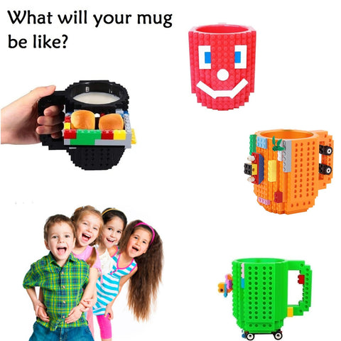 DEEXITO Build-On Brick Mug blue top view, compatible with popular brick sets for endless stacking