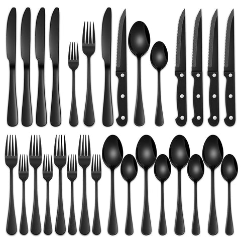 Dehov 24-piece black flatware set for 4 with durable mirror finish for daily dining.