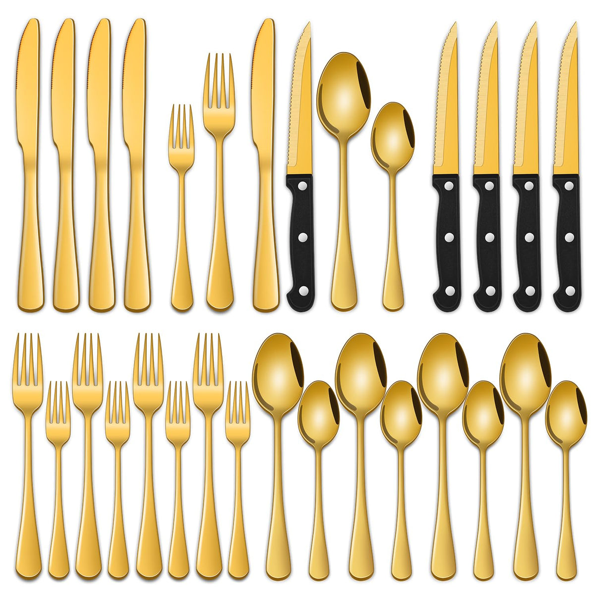 Dehov 24-piece gold silverware set for four, ideal for family dining.
