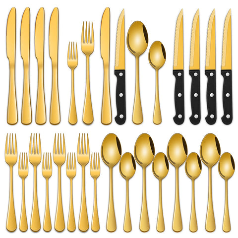 Dehov 24-piece gold silverware set for four, ideal for family dining.