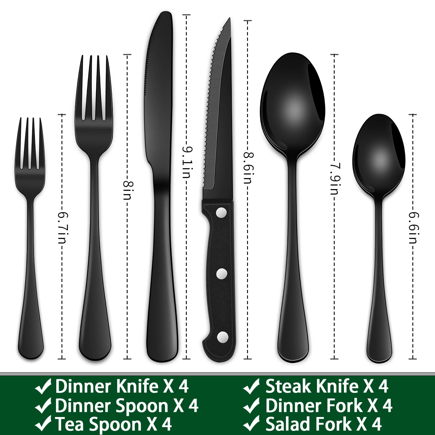 Dehov black flatware with mirror polish for dinner knives, forks, and spoons.