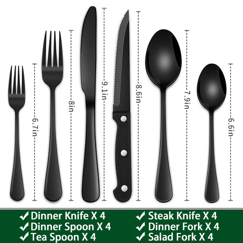 Dehov black flatware with mirror polish for dinner knives, forks, and spoons.