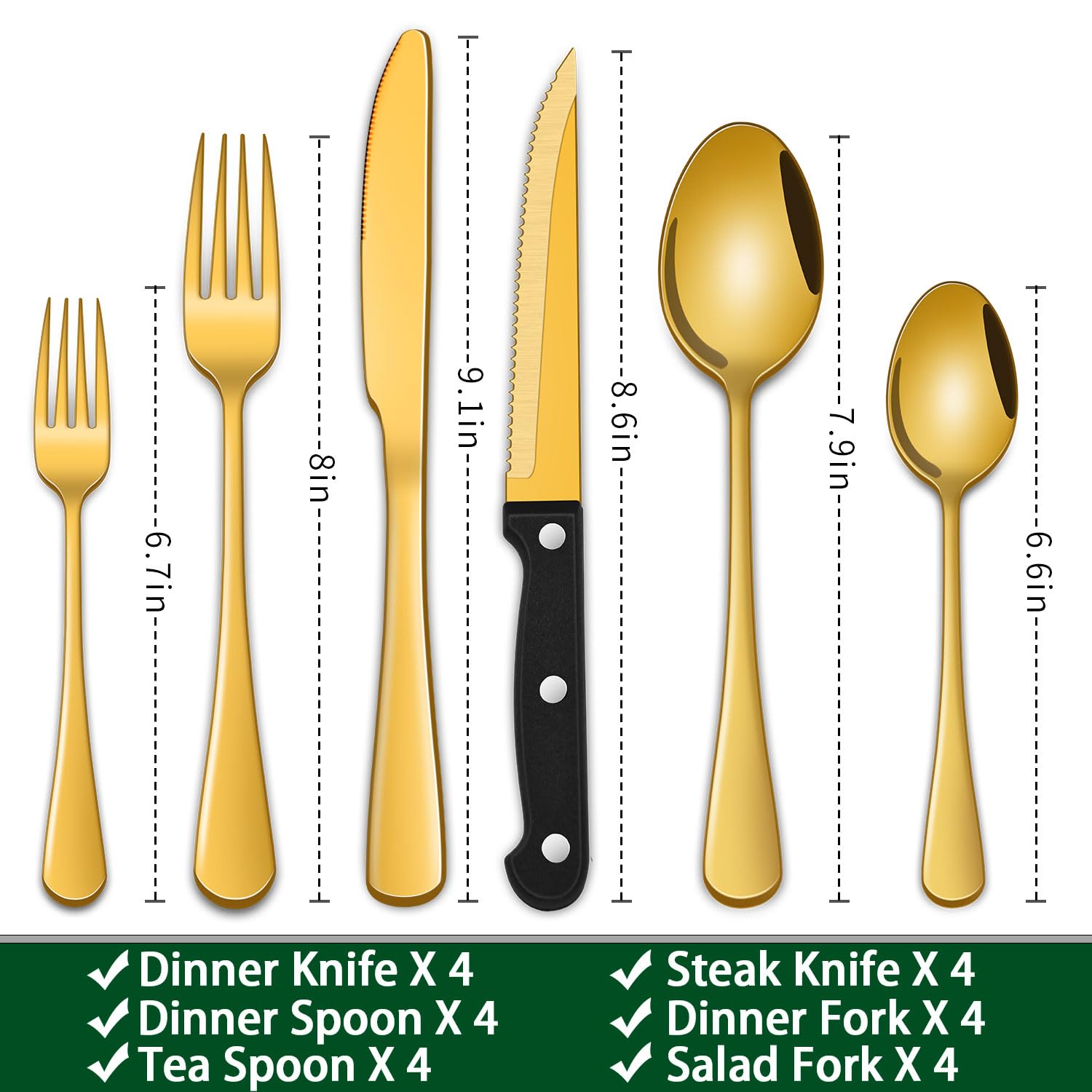 Dehov gold flatware with dinner knives and forks for upscale table settings.