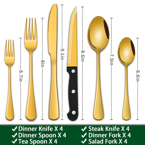 Dehov gold flatware with dinner knives and forks for upscale table settings.