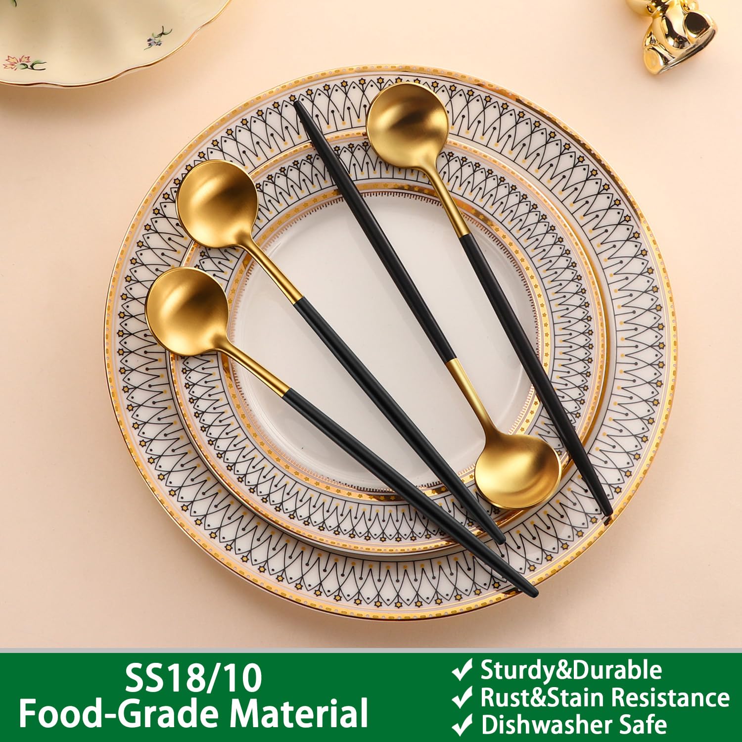 Dehov stainless steel 304 matte gold spoon with black accent.