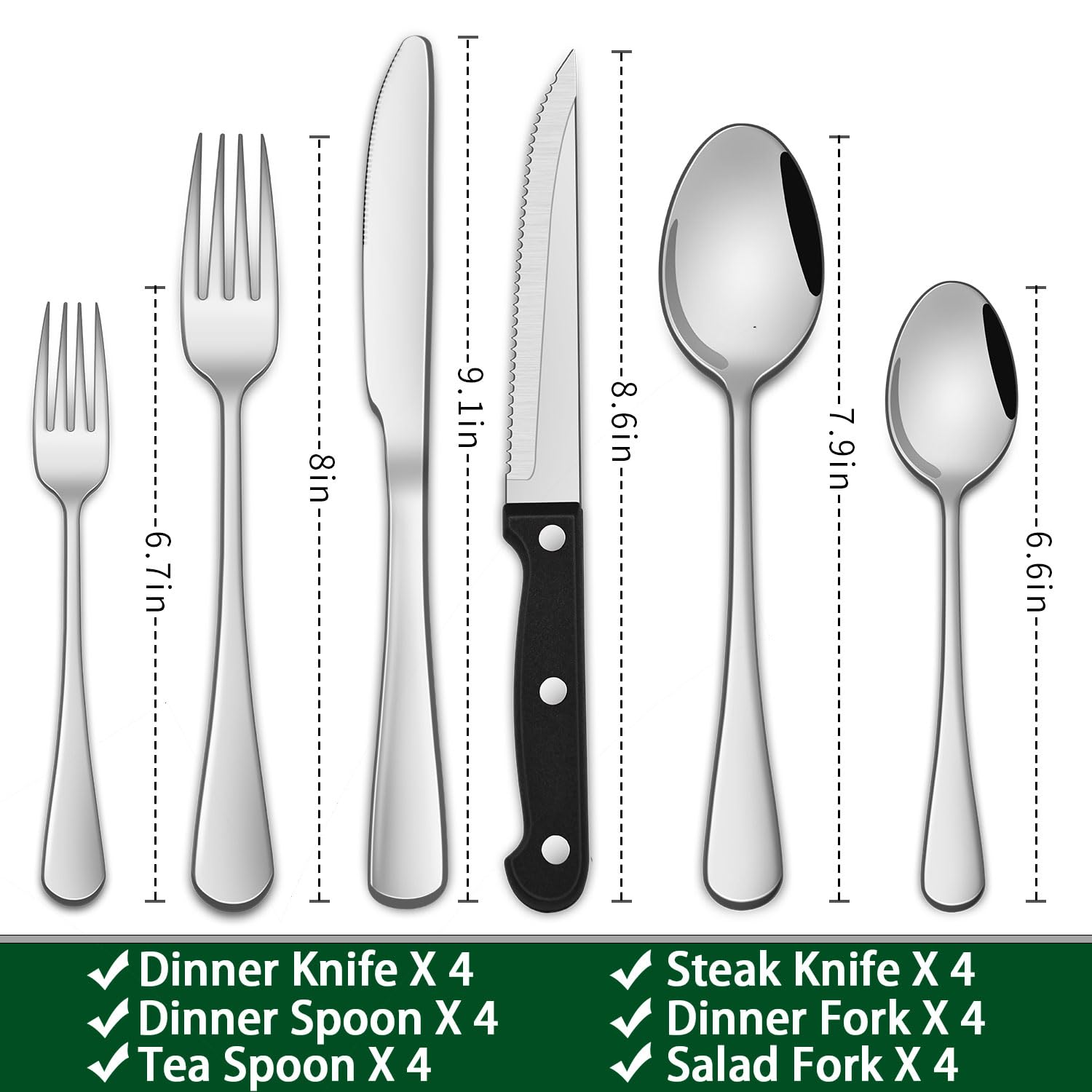 Dehov stainless steel flatware with dining knives, spoons, and forks.