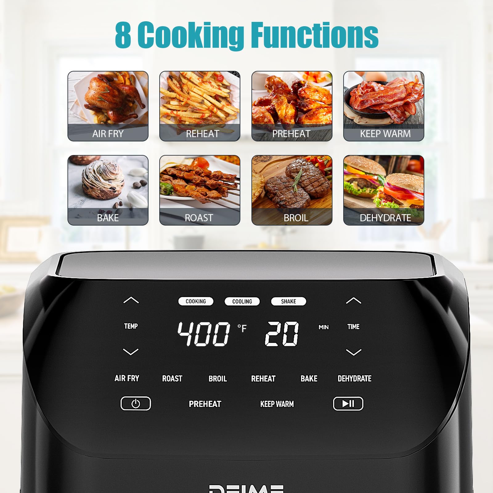 Deime Air Fryer 1500W with digital LCD panel enables quick, precise cooking.