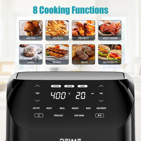 Deime Air Fryer 1500W with digital LCD panel enables quick, precise cooking.