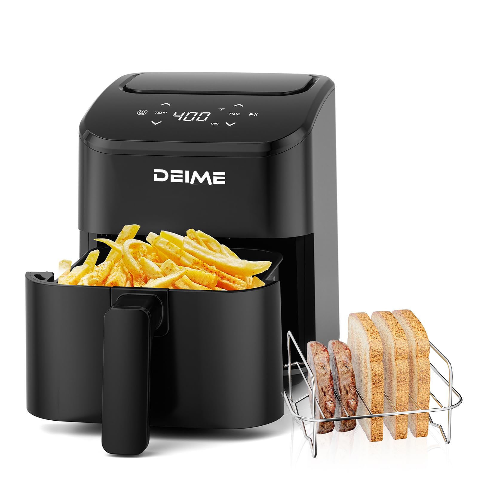 DEIME Air Fryer 2.8 Qt basket view showing space-saving design.