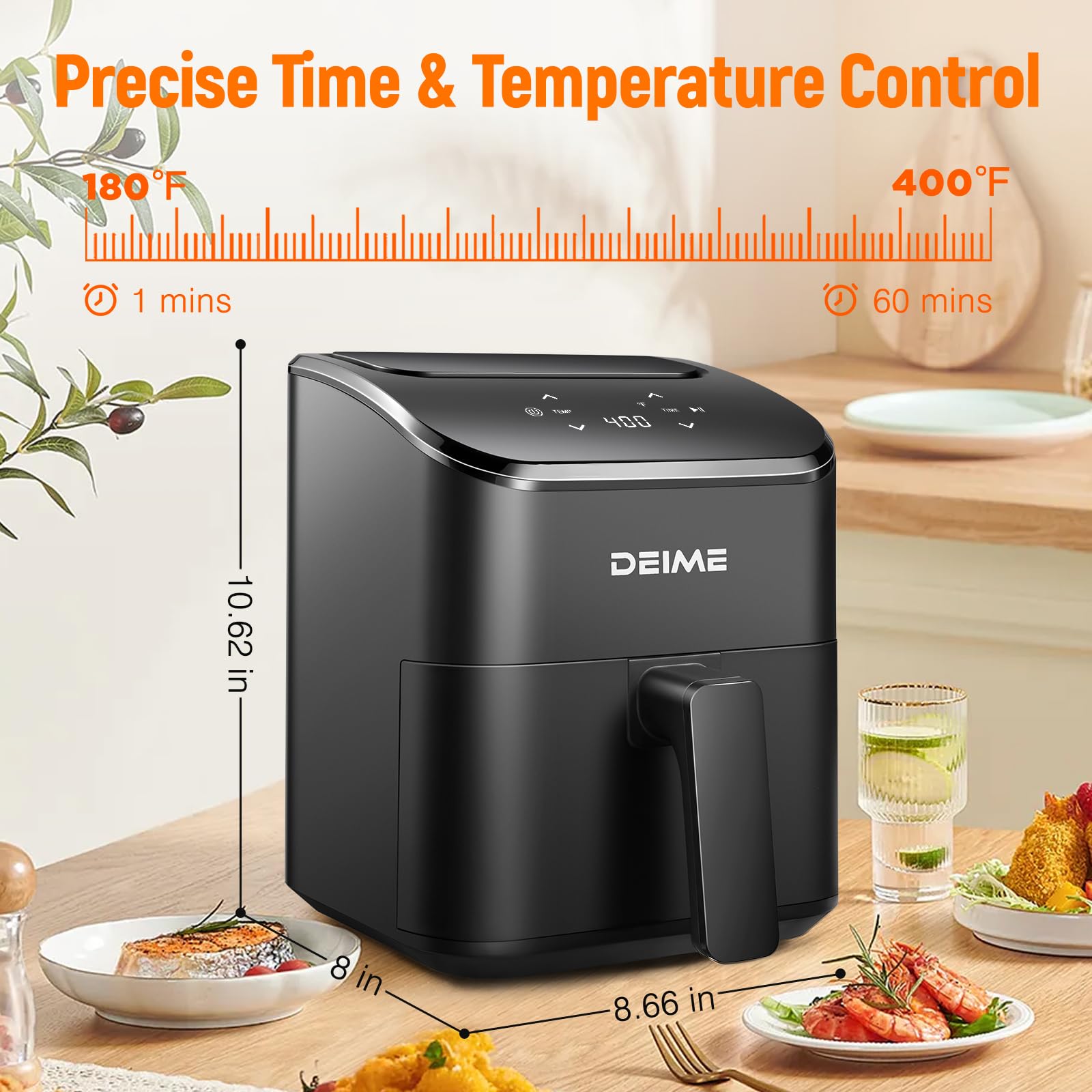 DEIME Air Fryer square basket close-up highlighting capacity.