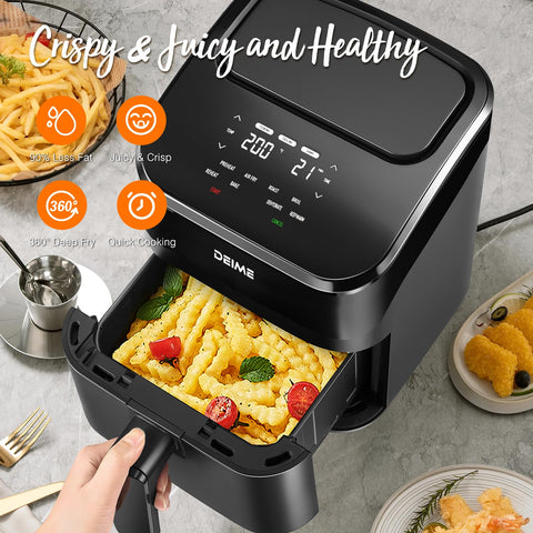 DEIME Air Fryer digital display with 400°F presets for quick meals.