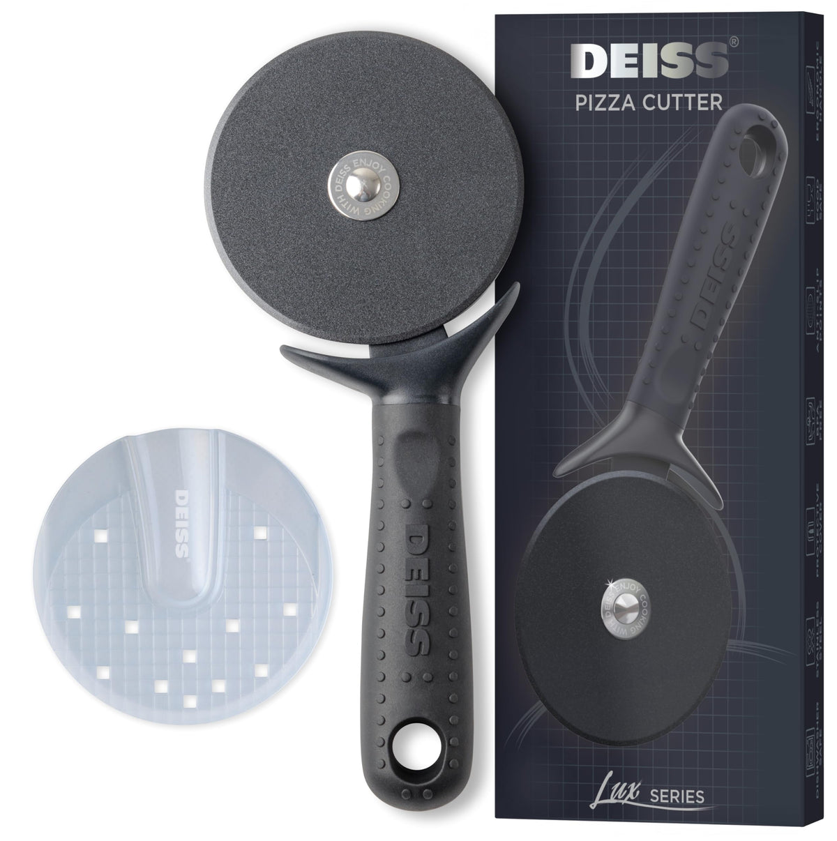Deiss Lux pizza cutter blade close-up shows a sharp stainless wheel for clean cuts.