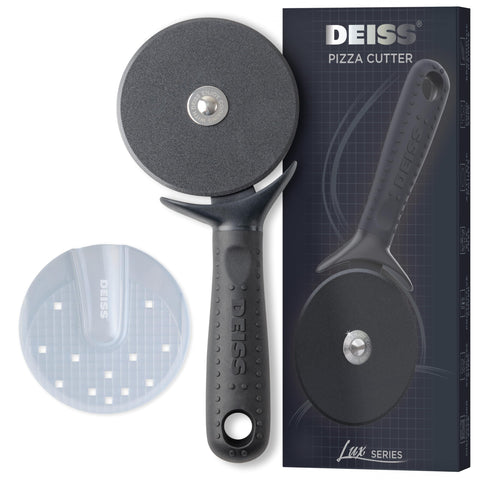 Deiss Lux pizza cutter blade close-up shows a sharp stainless wheel for clean cuts.