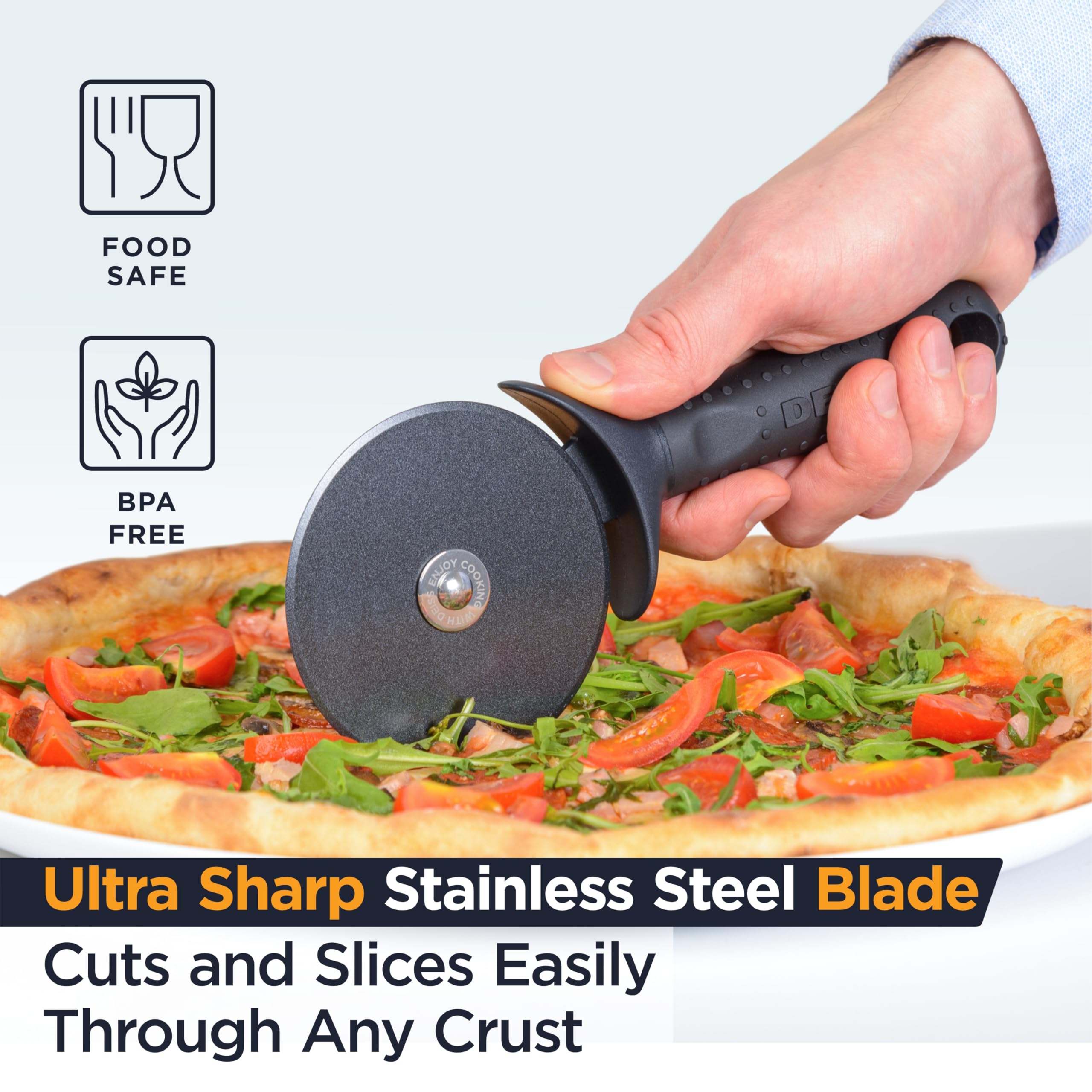Deiss Lux finger guard protecting hands during safe cutting.