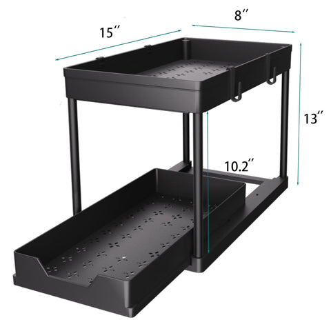 DEKAVA bathroom cabinet organizer shows two tiers for easy access.