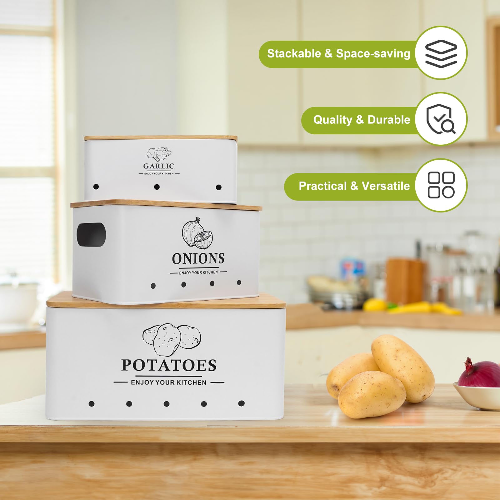 Dekosilave onion storage container promotes air flow to reduce moisture for longer onion life.