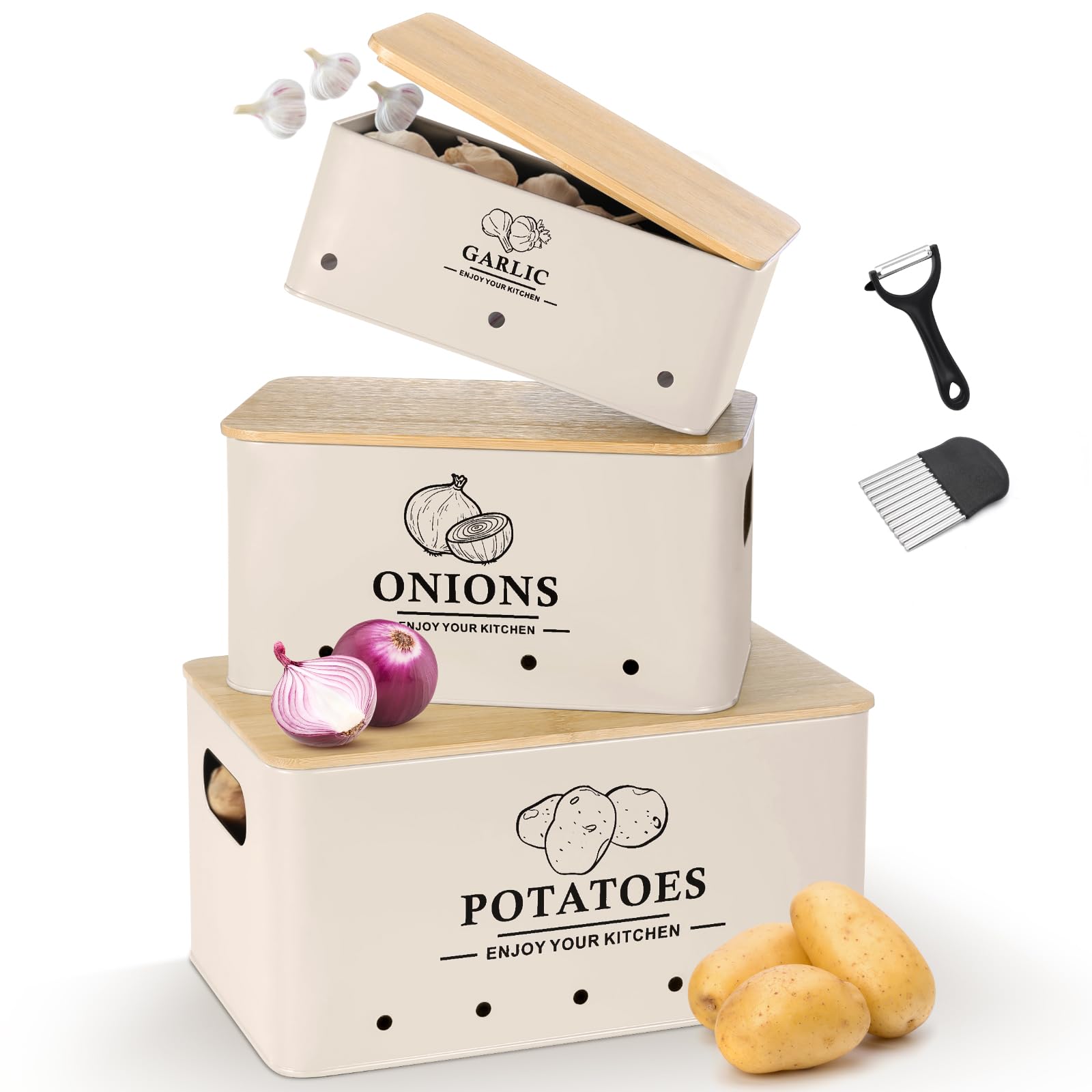 Dekosilave potato storage box keeps potatoes organized with ventilation.