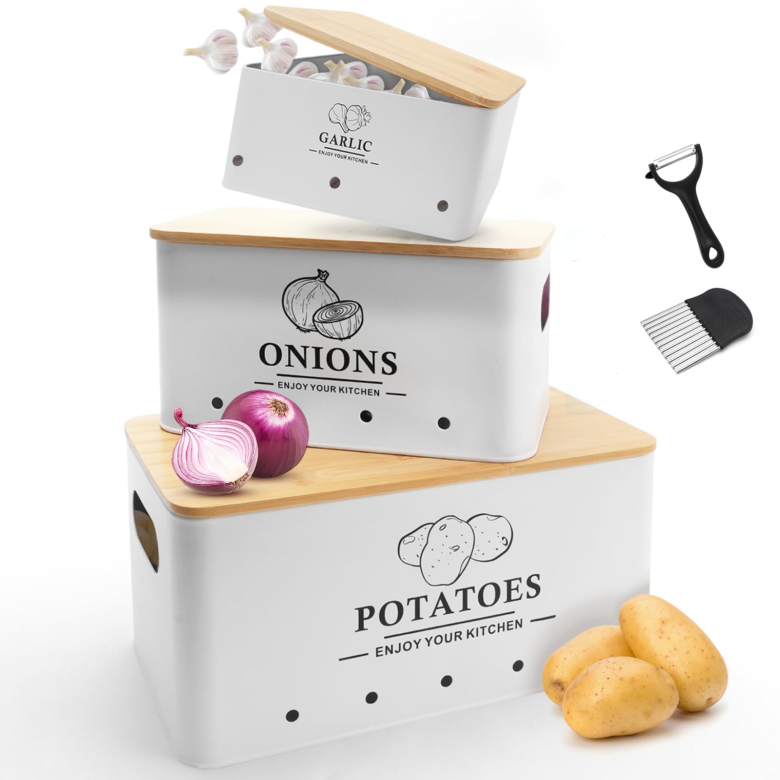 Dekosilave potato storage container with vented design keeps potatoes fresh and organized.